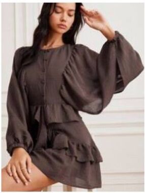 Flowy Brown Peasant Dress with Button Front